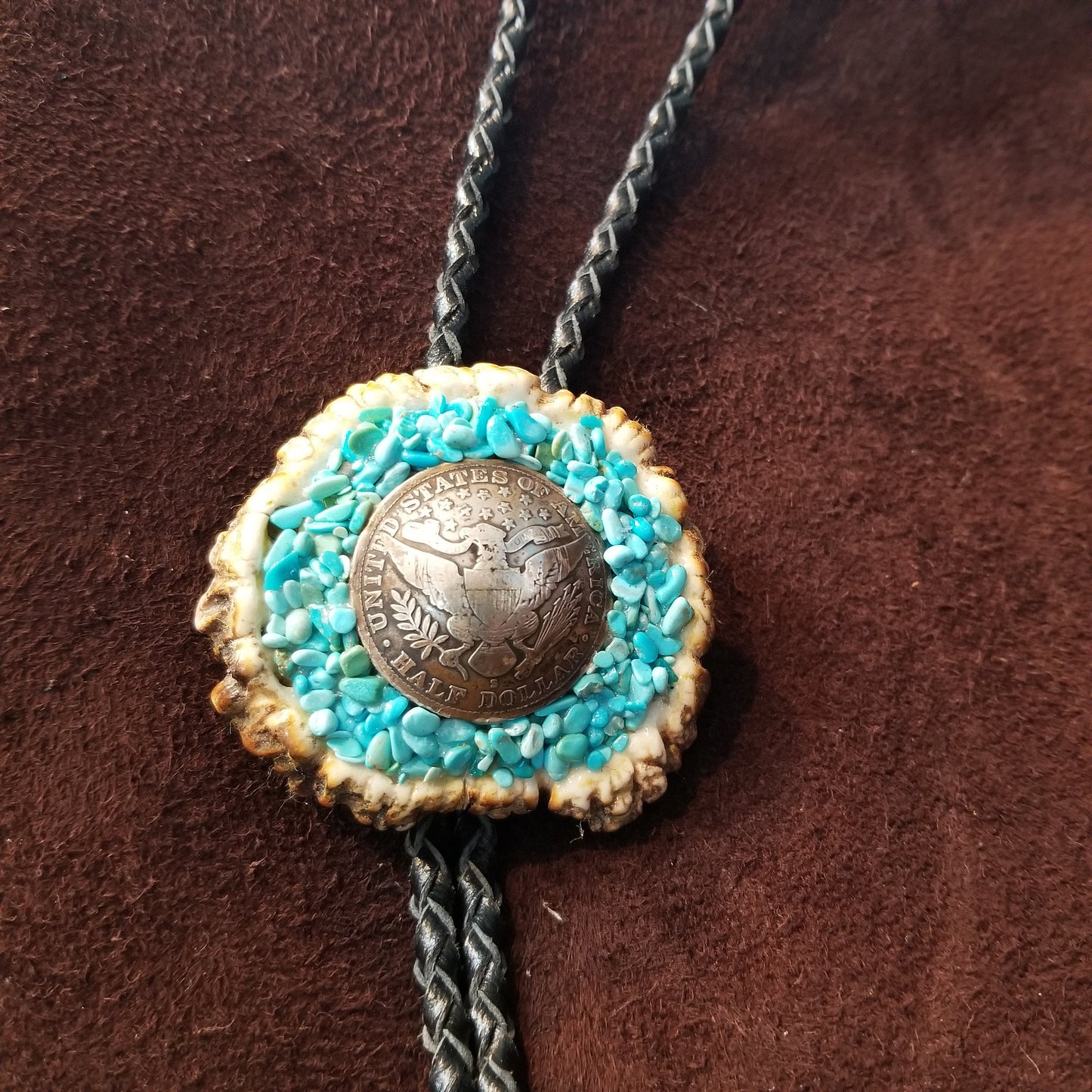 Handmade antler, turquoise and antique coin pendant bolo necklace
