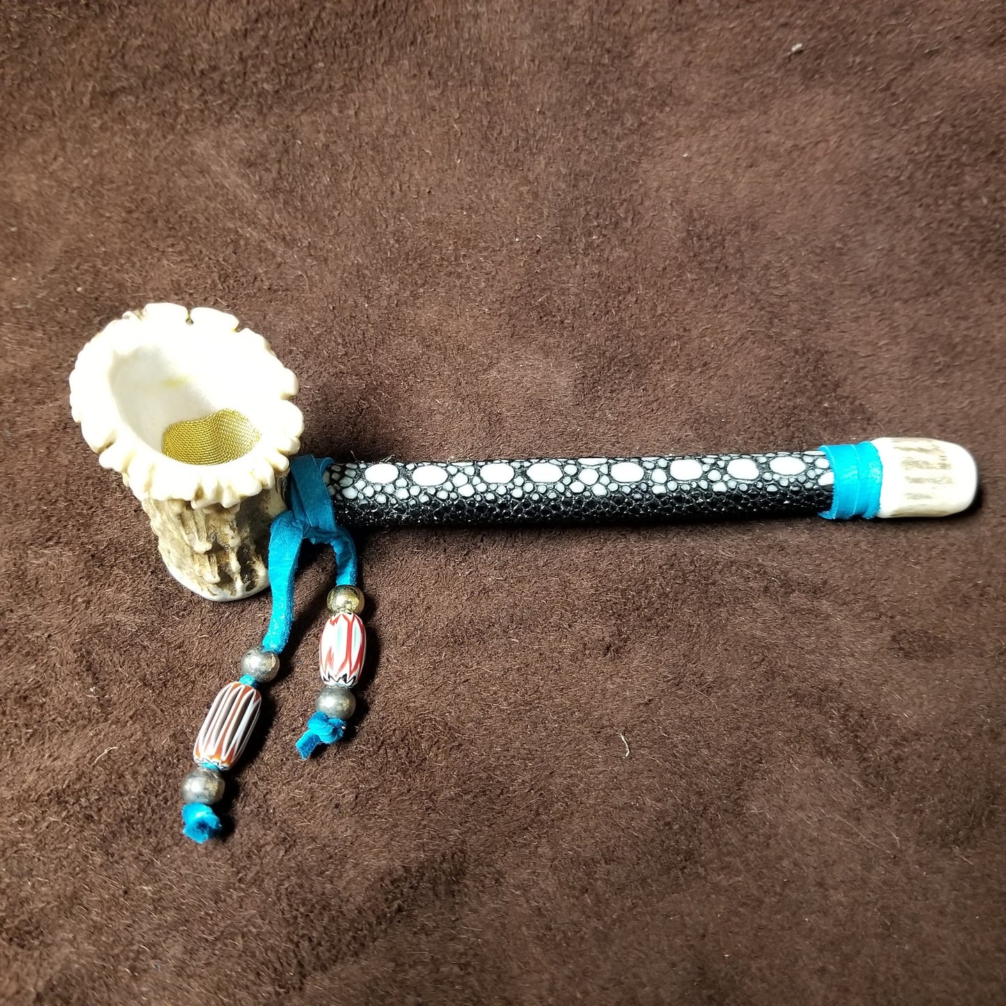 Handmade Antler Peace Pipe with Genuine Sting Ray leather